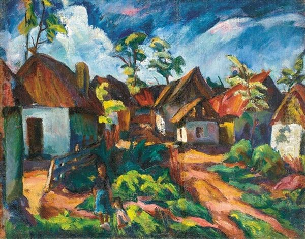 Village, On The Reverse: Portrait Oil Painting by Vilmos Perlrott-Csaba