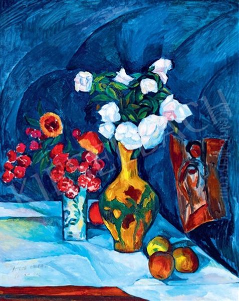 Studio In Paris With A Blue Drapery Oil Painting by Vilmos Perlrott-Csaba