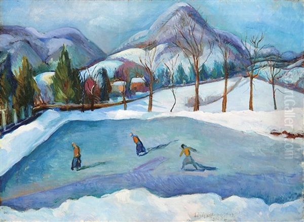 Ice Skaters In Baia Mare Oil Painting by Vilmos Perlrott-Csaba