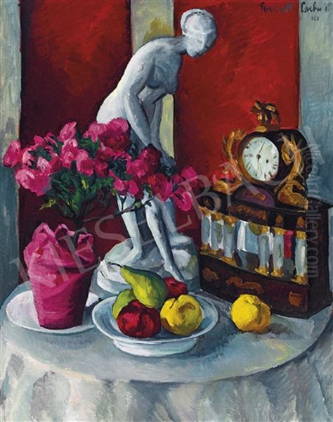 Still-life With Statuette, Clock Oil Painting by Vilmos Perlrott-Csaba