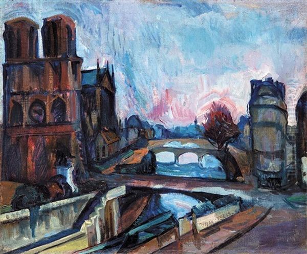 Notre Dame Oil Painting by Vilmos Perlrott-Csaba