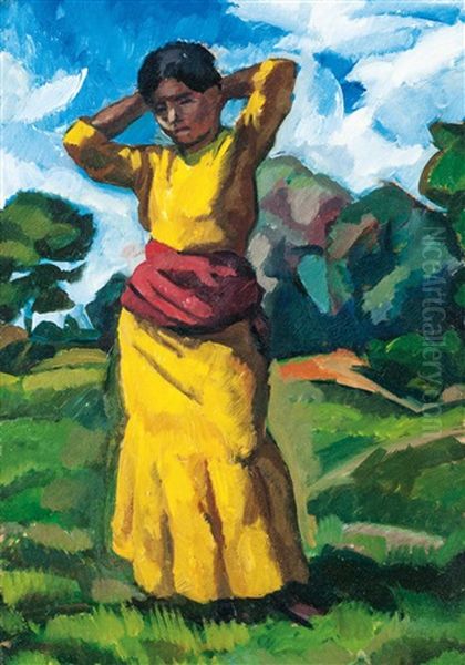 Girl In A Yellow Dress Oil Painting by Vilmos Perlrott-Csaba