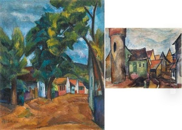 Saxon Small Town, On The Reverse: Village Street Oil Painting by Vilmos Perlrott-Csaba