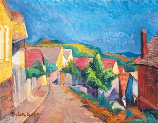 Downhill Street In Szentendre Oil Painting by Vilmos Perlrott-Csaba