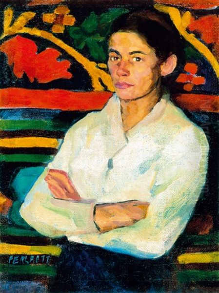 Woman In White Shirt In Front Of An Oriental Rug Oil Painting by Vilmos Perlrott-Csaba