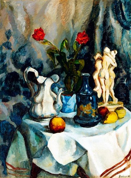 Still Life With Flowers, Fruits, Sculptures In The Studio Oil Painting by Vilmos Perlrott-Csaba