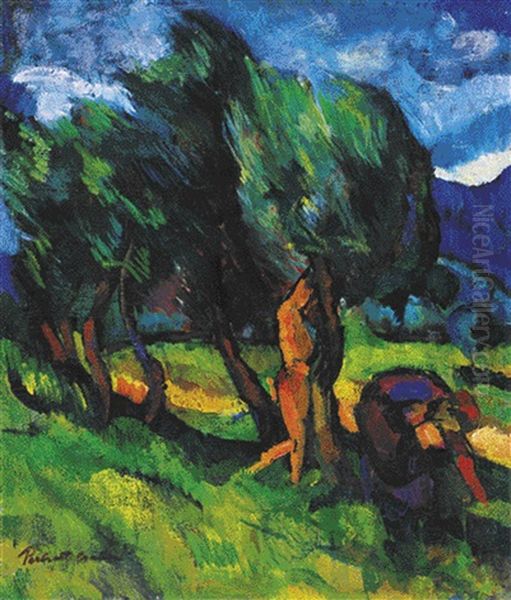 In The Open Air Oil Painting by Vilmos Perlrott-Csaba