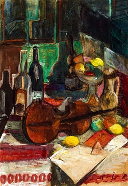 Studio Still-life With Violin Oil Painting by Vilmos Perlrott-Csaba