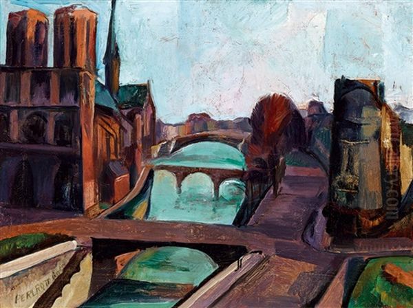 The Seine Bank In Paris Oil Painting by Vilmos Perlrott-Csaba