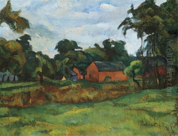 Red House Oil Painting by Vilmos Perlrott-Csaba