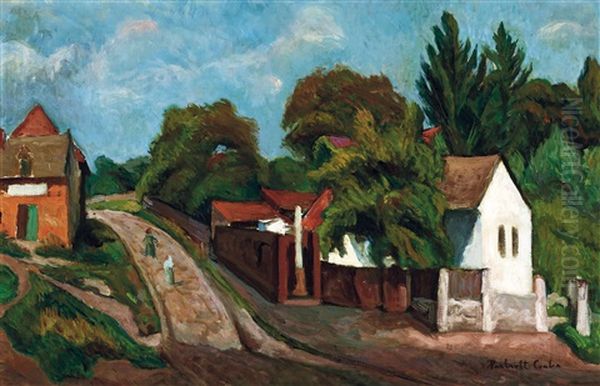 Village Street Oil Painting by Vilmos Perlrott-Csaba