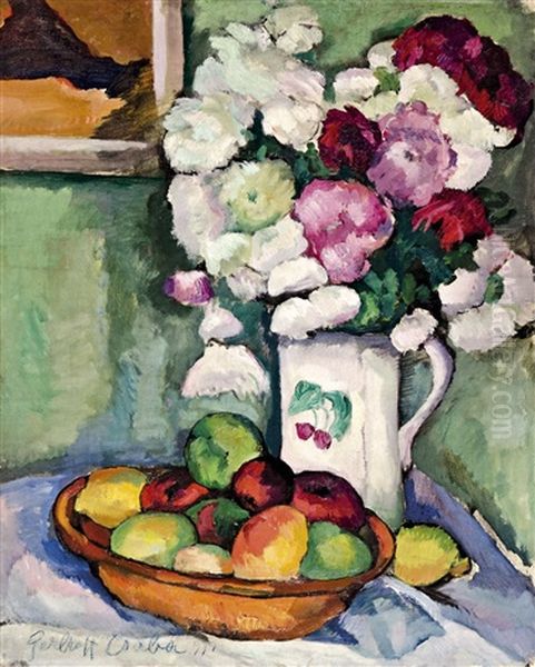 Flower Still Life With Fruits Oil Painting by Vilmos Perlrott-Csaba