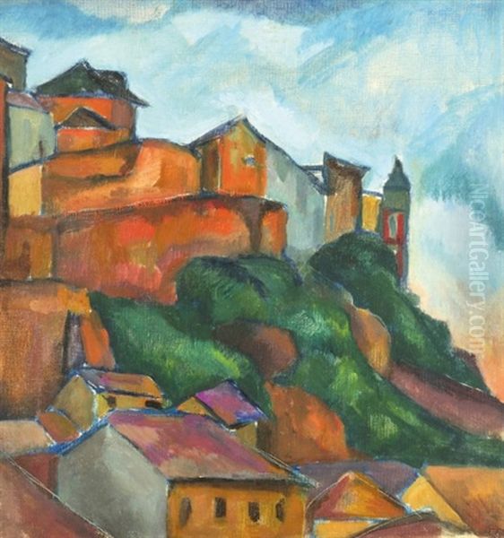 German Small-town Oil Painting by Vilmos Perlrott-Csaba