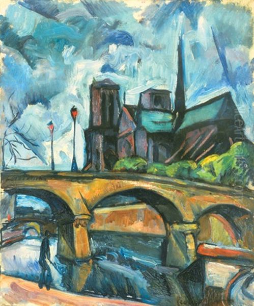Pont Neuf (notre Dame) Oil Painting by Vilmos Perlrott-Csaba