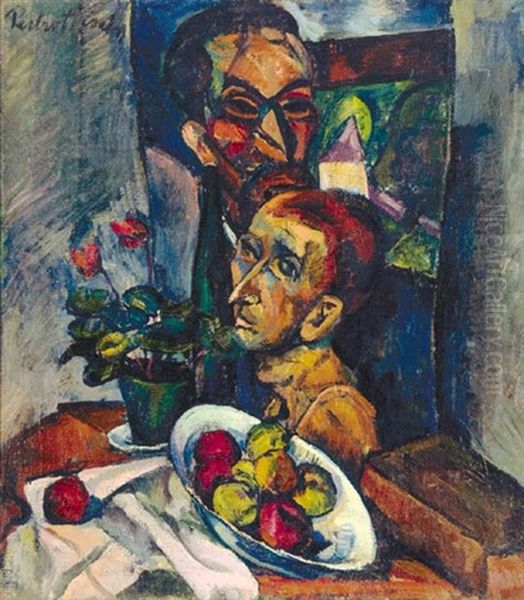 Self-portrait With Ziffer And Apples Oil Painting by Vilmos Perlrott-Csaba