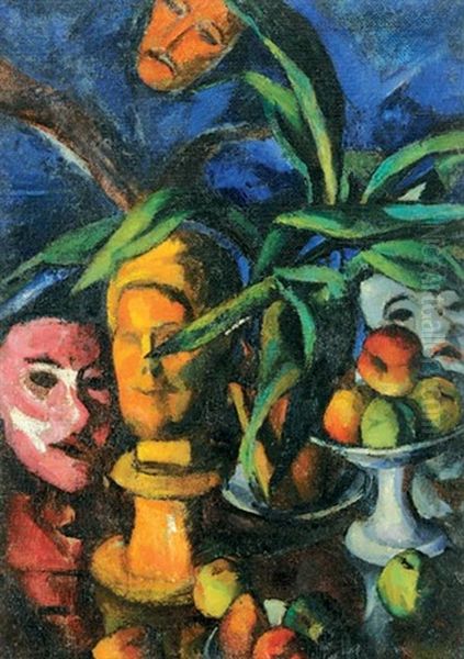 Still Life With A Mask Oil Painting by Vilmos Perlrott-Csaba