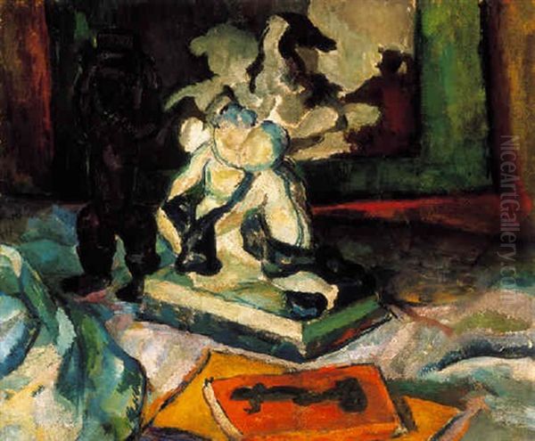 Csendelet Neger Szoborral, Hommage A Cezanne (still-life With A Black Statue, Hommage A Cezanne) Oil Painting by Vilmos Perlrott-Csaba