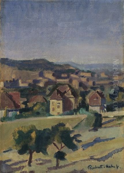 Wiesenlandschaft Mit Baumen Vor Einem Dorf Oil Painting by Vilmos Perlrott-Csaba