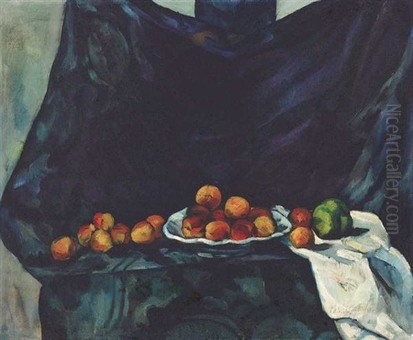 Csendelet Barackokkal Es Almaval (still Life With Peach And Apple) Oil Painting by Vilmos Perlrott-Csaba