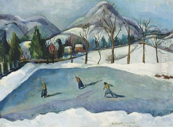 Korcsolyazok A Teli Nagybanyan (skaters In Nagybanya In Winter) Oil Painting by Vilmos Perlrott-Csaba