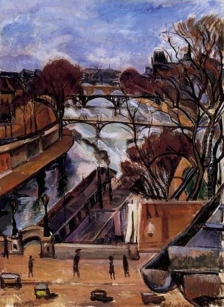 The Bank Of The River Seine In Paris Oil Painting by Vilmos Perlrott-Csaba