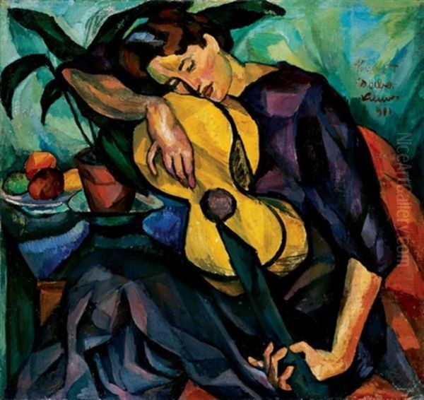 Lany Gitarral Oil Painting by Vilmos Perlrott-Csaba