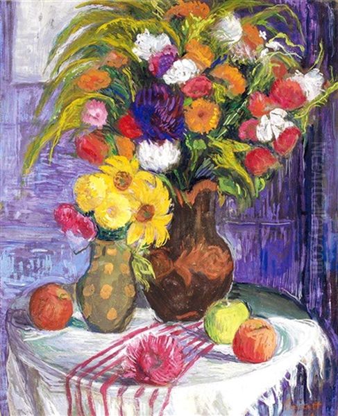 Still Life With Flowers And Apples Oil Painting by Vilmos Perlrott-Csaba