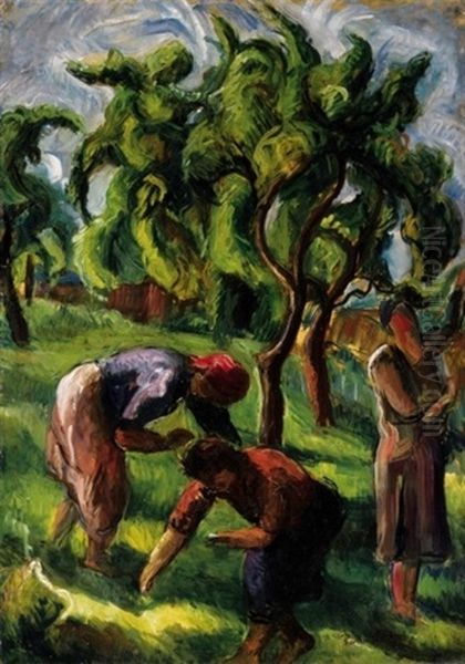 Gyumolcsszedok (fruit Pickers) Oil Painting by Vilmos Perlrott-Csaba
