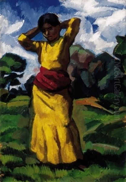 Sarga Ruhas Modell Kecskemeti Tajban (yellow Dressed Model In Landscape In Kecksemet) Oil Painting by Vilmos Perlrott-Csaba