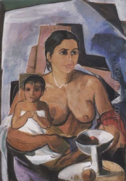 Anya Gyermekevel (mother With Child) Oil Painting by Vilmos Perlrott-Csaba