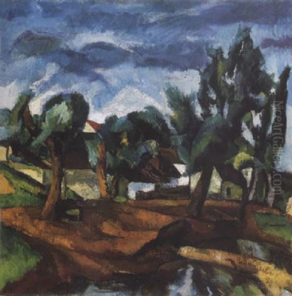 Kisvaros Fakkal (town With Trees) Oil Painting by Vilmos Perlrott-Csaba