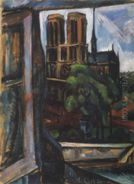 Kilatas Muteremablakbol A Notre-dame-ra (view Of Notre Dame) Oil Painting by Vilmos Perlrott-Csaba