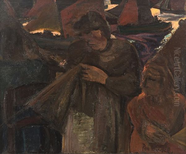 Mending The Fishing Nets (1919) Oil Painting by Constant Permeke