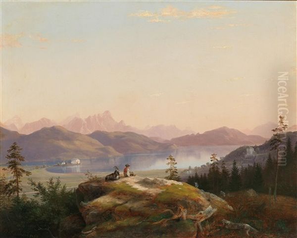 A View Of Lake Worthersee With Maria Loretto And Freyenthurn Castle Oil Painting by Marcus Pernhart