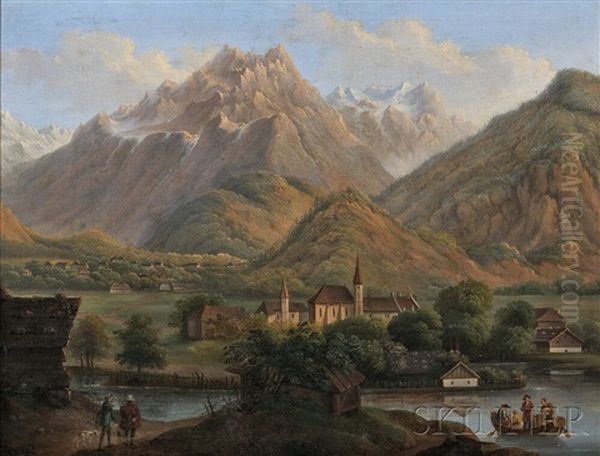 Mountain Valley With Church, River, And Distant Village Oil Painting by Marcus Pernhart