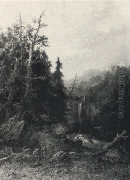 Figures In Wooded Landscape Oil Painting by Henri Perre