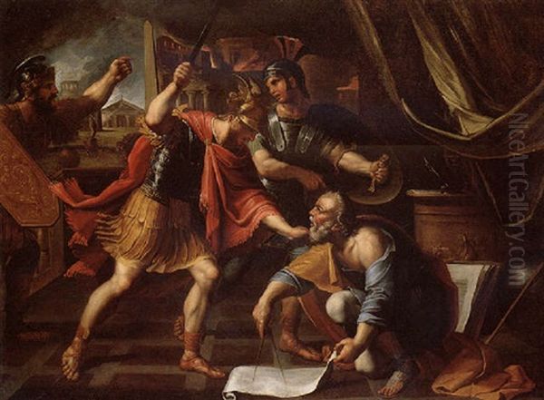 Archimedes Drawing A Geometric Pattern Refusing To Answer The Summons Of Marcellus Oil Painting by Francois Perrier Le Bourguignon
