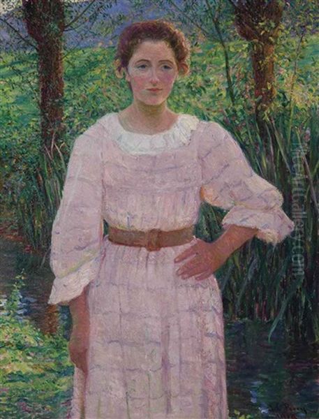 By The Brook, Giverny, France (woman In Pink Dress) Oil Painting by Lilla Calbot Perry