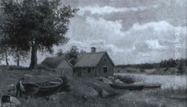 Landskapsbild Med Stugor Och Man Som Tj,rar B+t Oil Painting by Peter Adolf Persson
