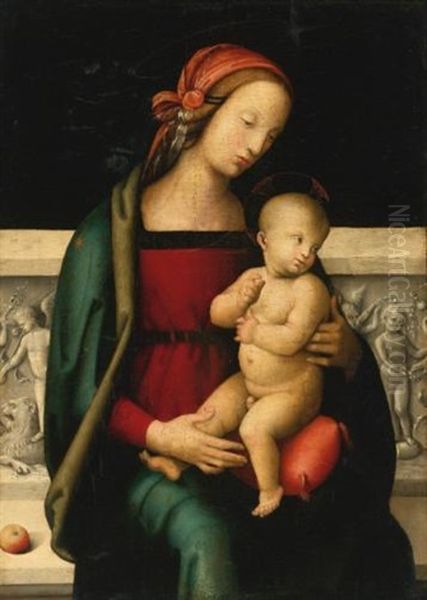 The Madonna And Child Seated Before A Sculpted Parapet, An Apple Resting Beside Her Oil Painting by Pietro Vannucci Perugino