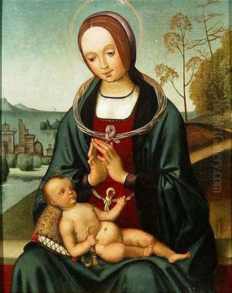 Maria Mit Kind Vor Vor Einer Weiten Kustenlandschaft Oil Painting by Pietro Vannucci Perugino