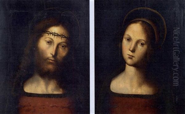 Christ As The Man Of Sorrows (+ The Madonna; Pair) Oil Painting by Pietro Vannucci Perugino