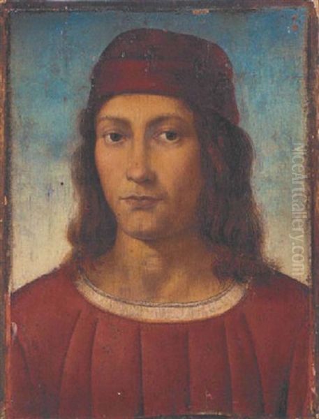 Portrait Of A Young Man In A Red Tunic And Pillbox Hat Oil Painting by Pietro Vannucci Perugino