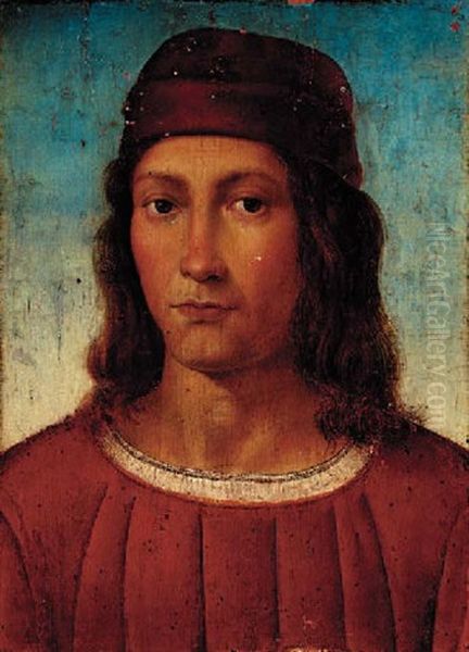 Portrait Of A Young Man In A Red Tunic And Pillbox Hat Oil Painting by Pietro Vannucci Perugino