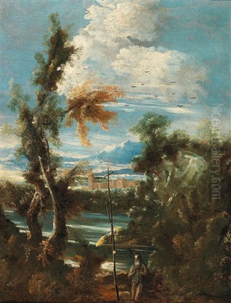 A Hermit In A Landscape Oil Painting by Antonio Francesco Peruzzini