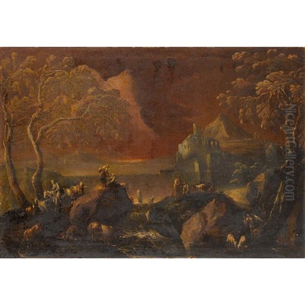 Extensive Landscape With Figures, Cattle, And Goats Oil Painting by Antonio Francesco Peruzzini