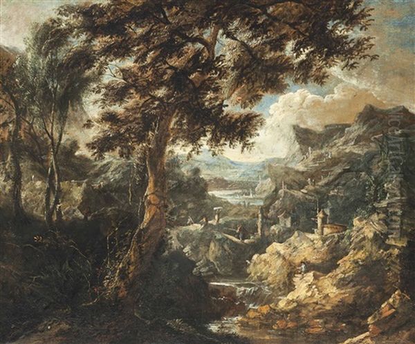 A Wooded Mountainous Landscape With Anglers And Travellers On A Track Beside A River Oil Painting by Antonio Francesco Peruzzini