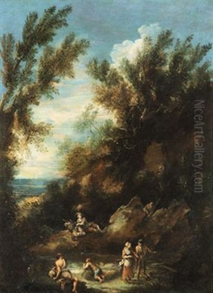 Landschaft Mit Figuren (+ Another, Similar; 2 Works) Oil Painting by Antonio Francesco Peruzzini