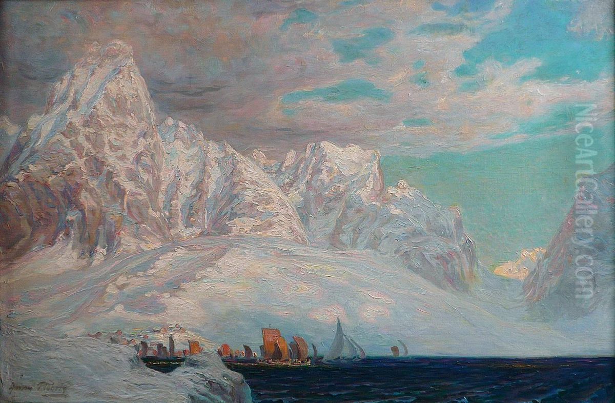 Village Etbateaux Dans Le Fjord Oil Painting by Anna Katarina Boberg