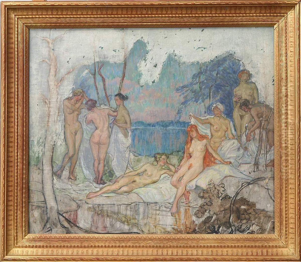 Figurkomposition Olja Pa Duk Oil Painting by Anna Katarina Boberg